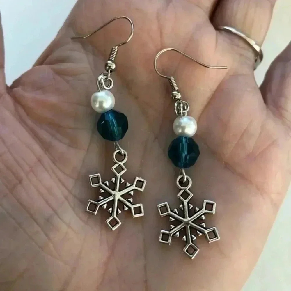 Festive Blue Pearl Silver Snowflake Handmade Drop Earrings NWT